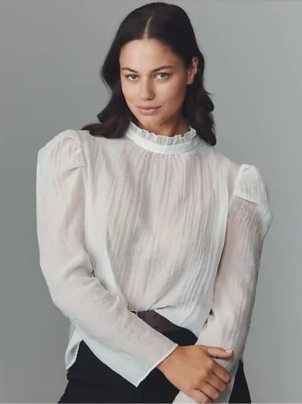 Anthropologie Maeve Semi-Sheer White Ruffle Neck Long-Sleeve Top Size Large